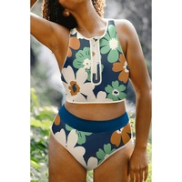 Blue Flower Zip up Racerback High Waisted Bikini - L