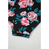 Sea Green Solid Ruffled Square Neck Swim Top and Floral Shorts Bikini Set - M