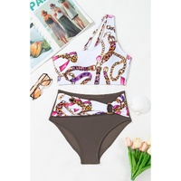 Khaki Abstract Print One Shoulder Ring Linked High Waist Bikini - L