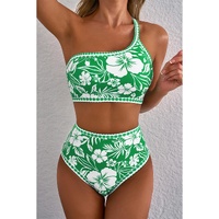 Green Floral Print One Shoulder High Waist Bikini Set - L