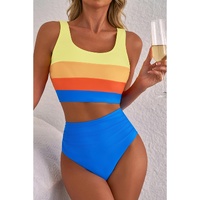 Blue Colorblock Square Neck Top Pleated High Waisted Bikini - S
