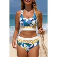 Green Floral Print Racerback Cutout High Waist 2pcs Bikini - S