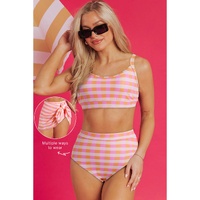 Pink 3pcs Gingham High Waist Bikini &amp; Sarong - XL