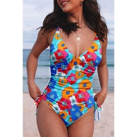 Sky Blue Orange Adjustable Straps Ribbed Knit One Piece Swimsuit - L