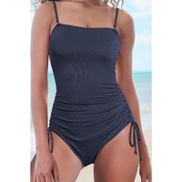 Navy Blue Ribbed Drawstring Sides Cutout One Piece Swimsuit - S