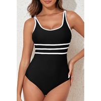Black Contrast Trim Colorblock U Neck One Piece Swimwear - 2XL