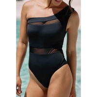 Black Mesh Insert One Shoulder High Waist Teddy Swimsuit - S
