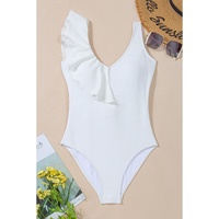 White Asymmetric Ruffle Trim Tie Waist One Piece Swimsuit - S