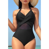 Black Halter Mesh Insert Cross Front One-Piece Swimsuit - S