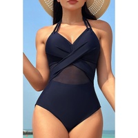 Navy Blue Halter Mesh Insert Cross Front One-Piece Swimsuit - S