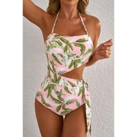 Pink Tropical Asymmetric Cut out Halter Backless One Piece Swimwear - 2XL