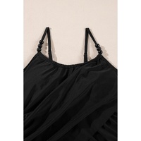 Black Beaded Spaghetti Straps Ruched Overlapped Colorblock One Piece Swimsuit - S
