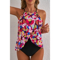Purple Floral Print O Neck Open Back One Piece Swimsuit - L
