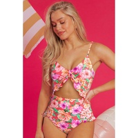 Red Floral Ruffle Trim Cutout Knotted One Piece Swimsuit - 2XL