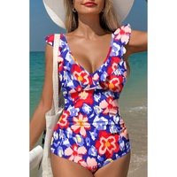 Blue Floral Ruffle Trim V Neck Lace-up Back Tummy Control One Piece Swimsuit - 2XL