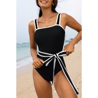 Black Colorblock Edge Belted One Piece Swimsuit - M