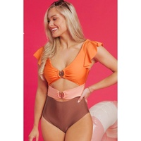 Orange Ruffle Sleeve Tricolor Cutout Front Ring One Piece Swimsuit - S