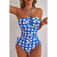 Blue Folk Gingham Halter Ruched Bodice Drawstring Ties One Piece Swimwear - S