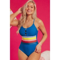 Prussian Blue Contrast Stripe Accent Crisscross One Piece Swimwear - S