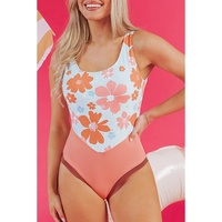 Orange Floral Patchwork Backless One Piece Swimsuit - M
