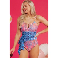 Blue Geometric Print Hollow Out Knotted Waist One Piece Swimsuit - L