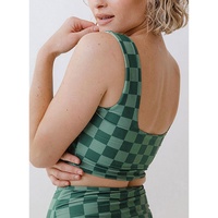 Green Checkered Print Square Neck Cropped Swim Top - XL
