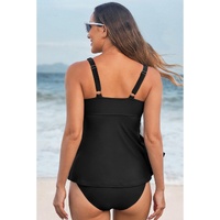Black Crossed V Neck Adjustable Strap Babydoll Tankini Top - M