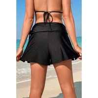 Black Drawstring Ruched High Waist Loose Swim Shorts - L