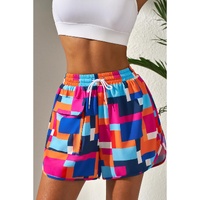 Rose Geometric Printed Drawstring Waist Beach Shorts with Pockets - L