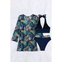 Black 3pcs Tropical Contrast Trim Halter Bikini Set with Cover up - M