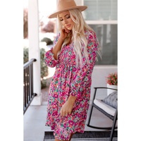Purple Smocked V Neck Puffy Sleeve Floral Dress - S