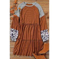 Brown Waffle Knit Leopard Patchwork Long Sleeve Dress - M
