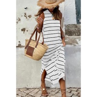 White Stripe Print Open Back Sleeveless Maxi Dress with Slits - L