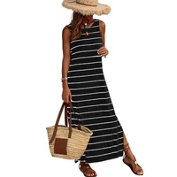 Black Stripe Print Open Back Sleeveless Maxi Dress with Slits - M