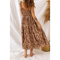 Brown Ruffled Straps Smocked Floral Maxi Dress - XL