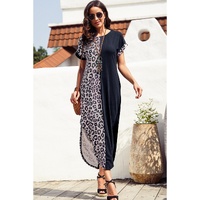 Black Contrast Solid Leopard Short Sleeve T-shirt Dress with Slits - S