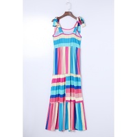 Multicolor Color Block Striped Bow Knot Straps Maxi Dress - S