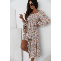 Azura Exchange Multicolor Floral Smocked Long Sleeve Pocketed Dress - L