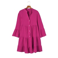 Rose Crinkled Tiered Split Neck Shirt Dress - M