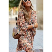 Brown Geometric Print Long Sleeve Surplice Flowy Dress - S
