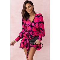 Rose Floral Print V Neck Wrap Bishop Sleeve Ruffle Tiered Mini Dress - L