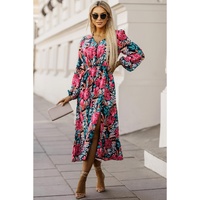 Azura Exchange Red V Neck Elastic High Waist Split Floral Dress - L
