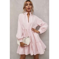 Pink Frilled Stand Collar Long Sleeve Ruffle Dress - XL