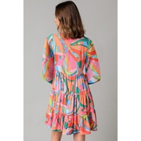 Multicolor Geometric Print Split Neck Ruffle Tiered Mini Dress - S