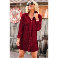 Red Long Sleeve Ruffle Velvet Button Up Dress - XL