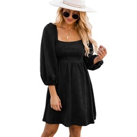 Black Suede Square Neck Puff Sleeve Dress - L