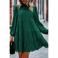 Green Puff Sleeve Mock Neck Back Knot Tiered Dress - XL