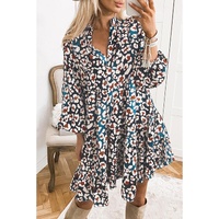 Blue Leopard Print Bubble Sleeve Ruffled Shirt Dress - L