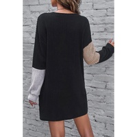 Black Ribbed Color Block Drop Shoulder Long Sleeve Mini Dress - L