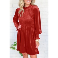 Red Clay Frilled Neck Smocked Bodice Velvet Dress - XL